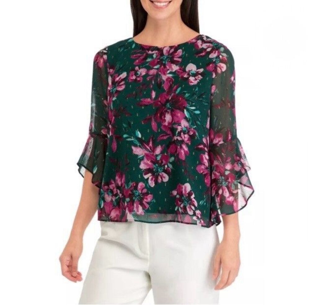 Kasper Petite XL Ruffle Sleeve Printed Blouse Evergreen Multicolor Excellent
